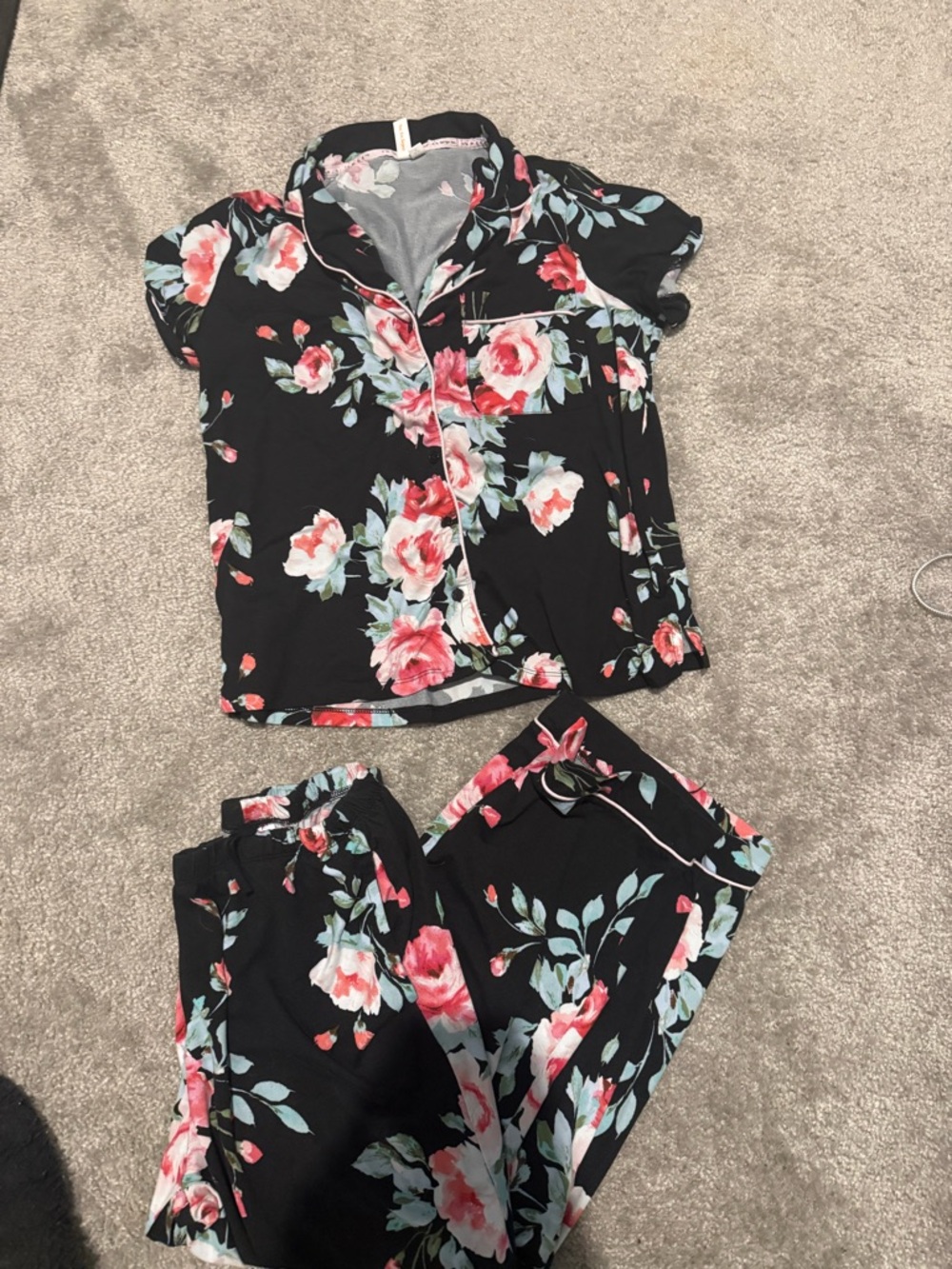 Black Floral Short-Sleeve Pajama Set - Button Top & Pants